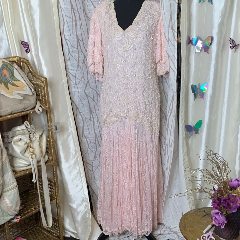 Vintage 1980S Lawrence Kazar Elegant Pink Lace Evening Gown